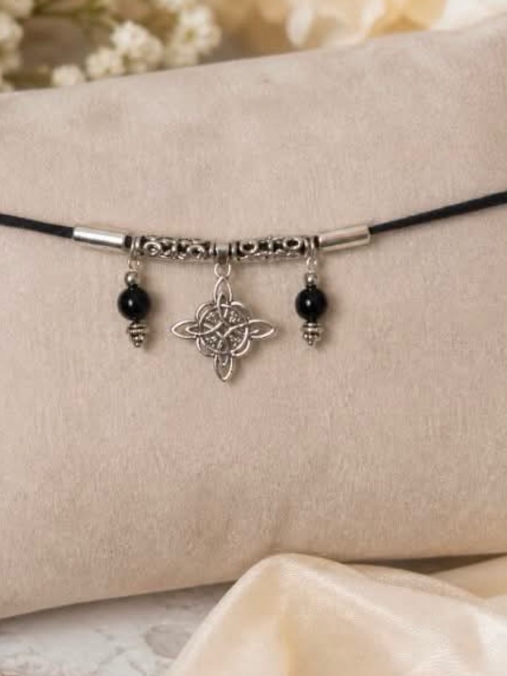 Hand Crafted - Stainless Steel Celtic Knot Necklace with Black Beads